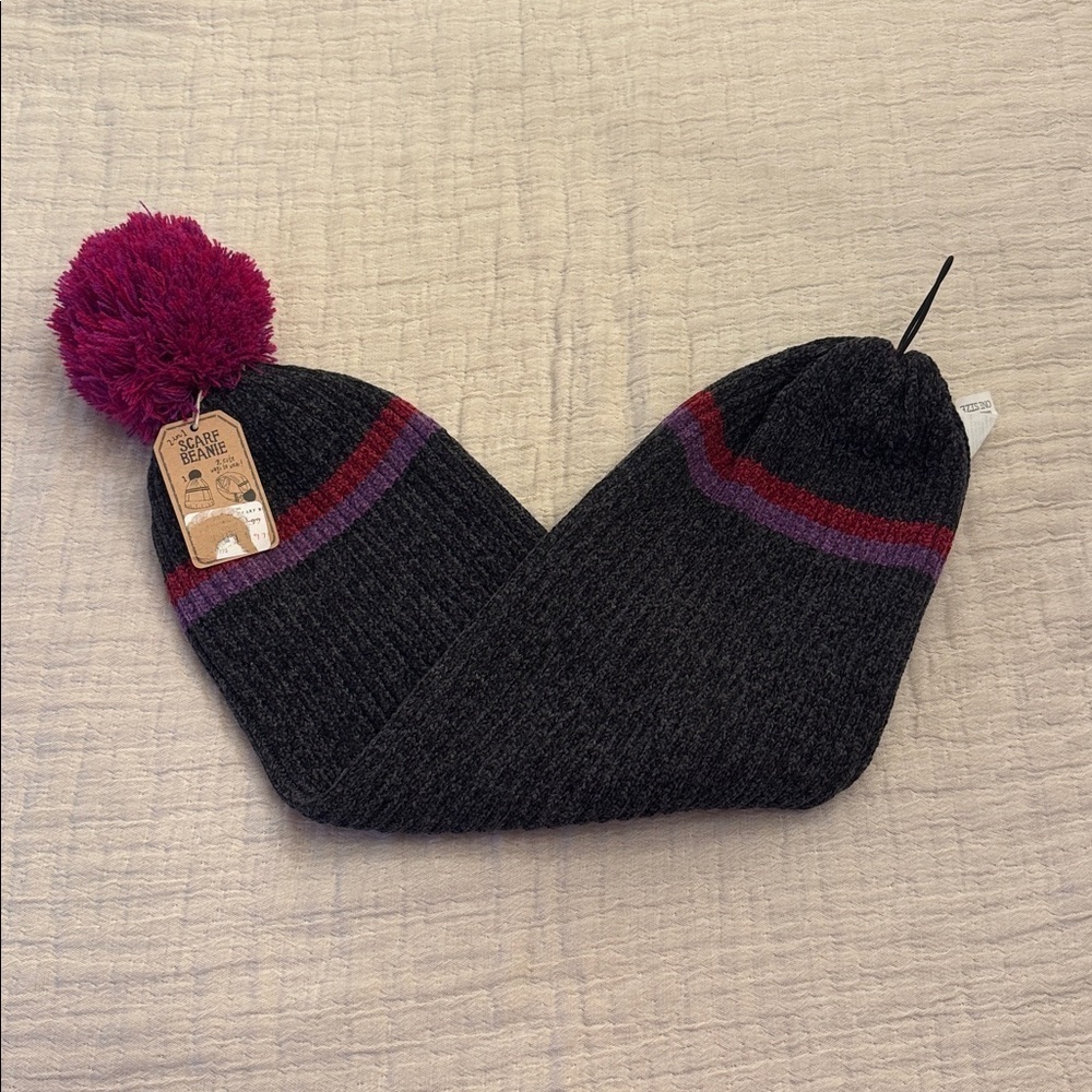 NWT! NATURAL LIFE 2 in 1 Scarf Beanie with Pink Pom-Pom
